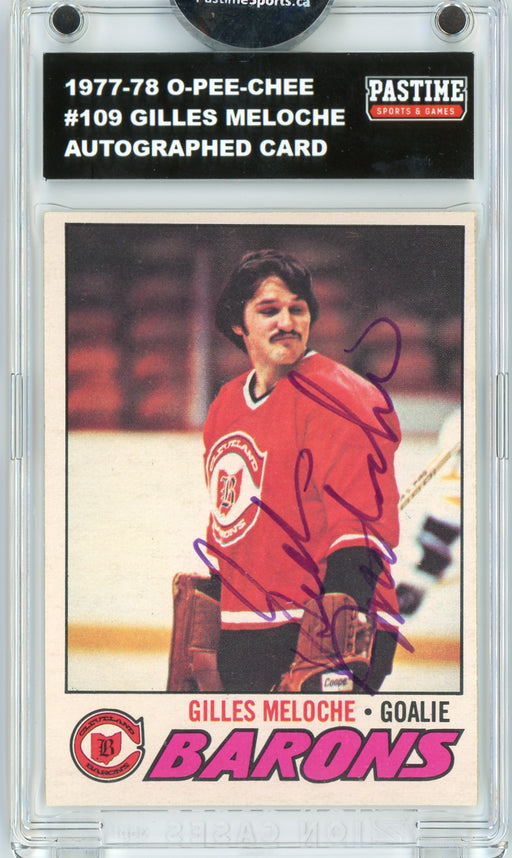 #109 Gilles Meloche 1977/78 O-Pee-Chee Hockey Autographed Card Encased in Magpro - Pastime Sports & Games