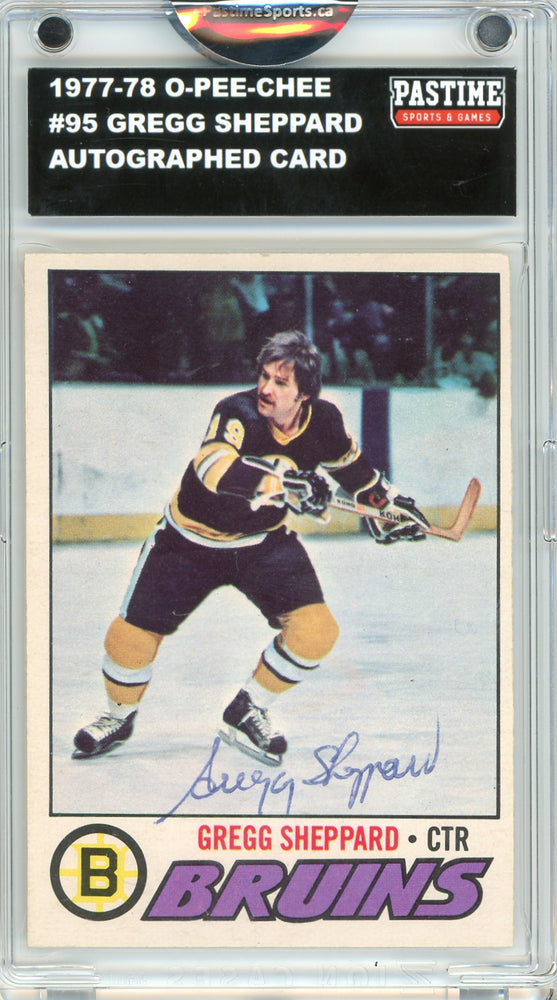 #95 Gregg Sheppard 1977/78 O-Pee-Chee Hockey Autographed Card Encased in Magpro - Pastime Sports & Games