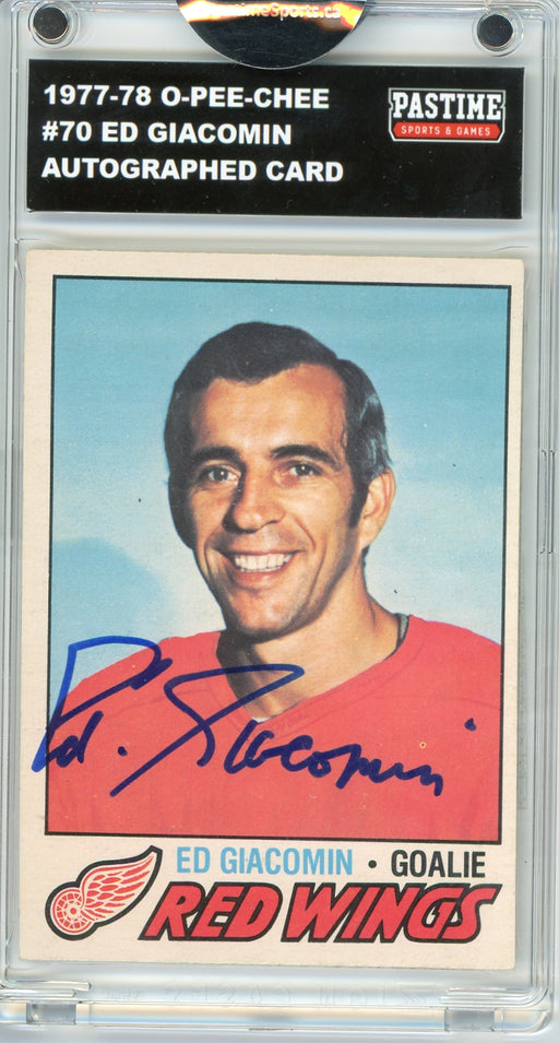 #70 Ed Giacomin 1977/78 O-Pee-Chee Hockey Autographed Card Encased in Magpro - Pastime Sports & Games