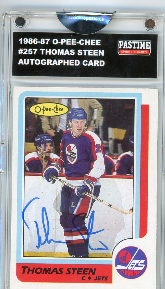 #257 Thomas Steen 1986/87 O-Pee-Chee Hockey Autographed Card Encased in Magpro - Pastime Sports & Games