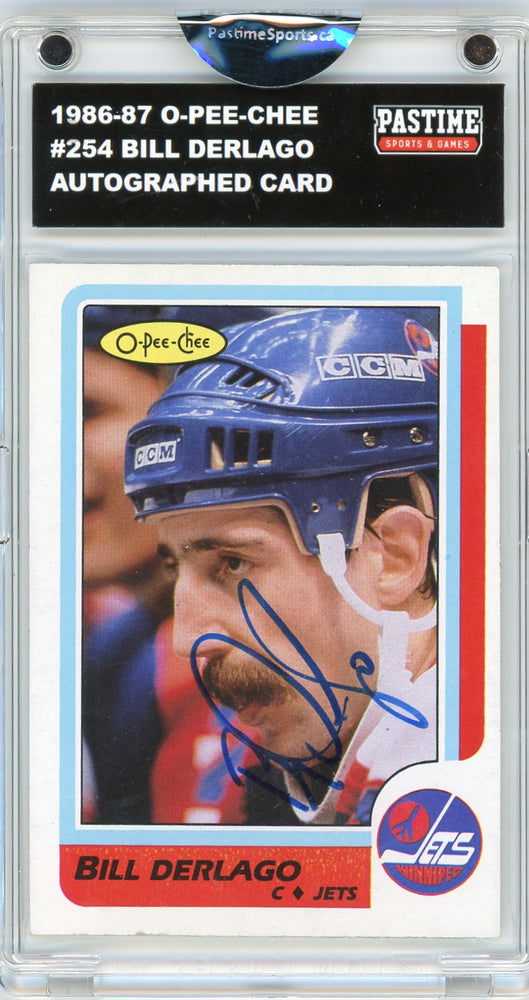 #254 Bill Derlago 1986/87 O-Pee-Chee Hockey Autographed Card Encased in Magpro - Pastime Sports & Games