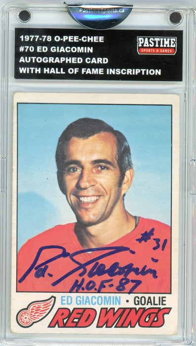 #70 Ed Giacomin 1977/78 O-Pee-Chee Hockey Autographed Card Encased in Magpro - Pastime Sports & Games