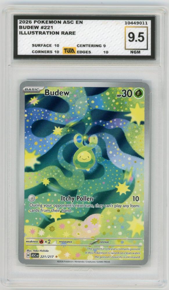 Budew #221 Pokemon Ascended Heroes Illustration Rare Graded TGA 9.5 Near Gem Mint