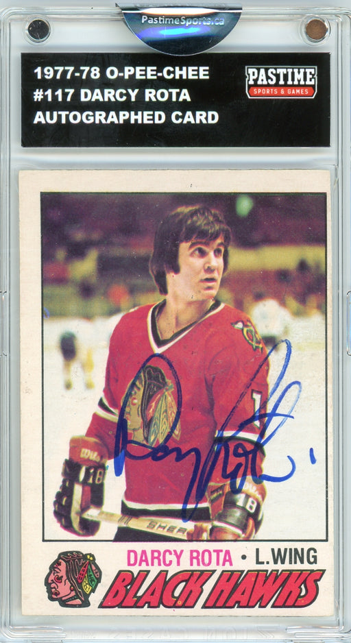#117 Darcy Rota 1977/78 O-Pee-Chee Hockey Autographed Card Encased in Magpro - Pastime Sports & Games