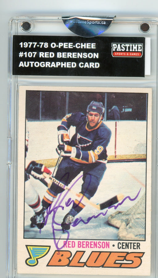 #107 Red Berenson 1977/78 O-Pee-Chee Hockey Autographed Card Encased in Magpro - Pastime Sports & Games