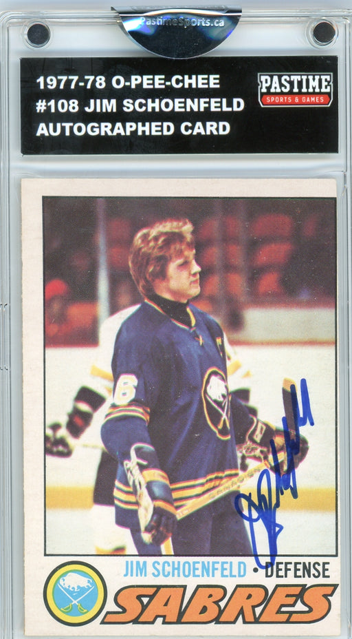 #108 Jim Schoenfeld 1977/78 O-Pee-Chee Hockey Autographed Card Encased in Magpro - Pastime Sports & Games