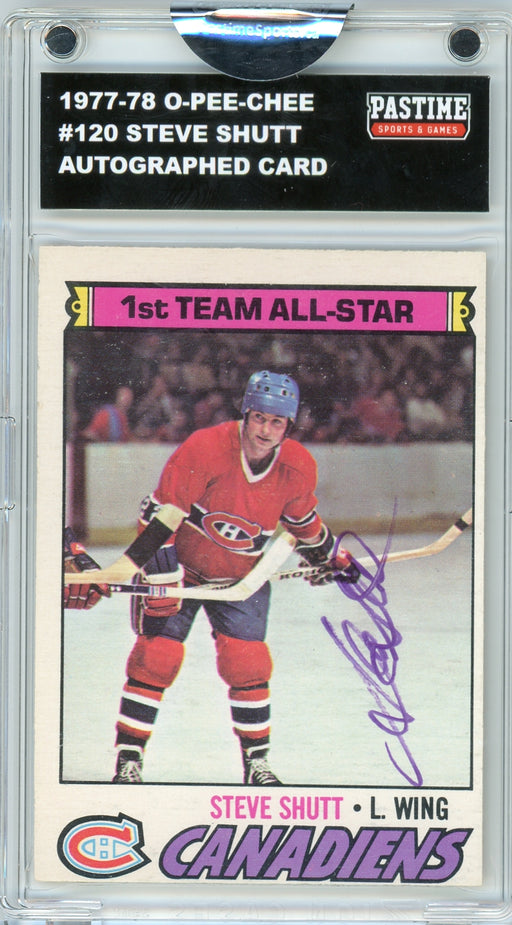 #120 Steve Shutt 1977/78 O-Pee-Chee Hockey Autographed Card Encased in Magpro - Pastime Sports & Games