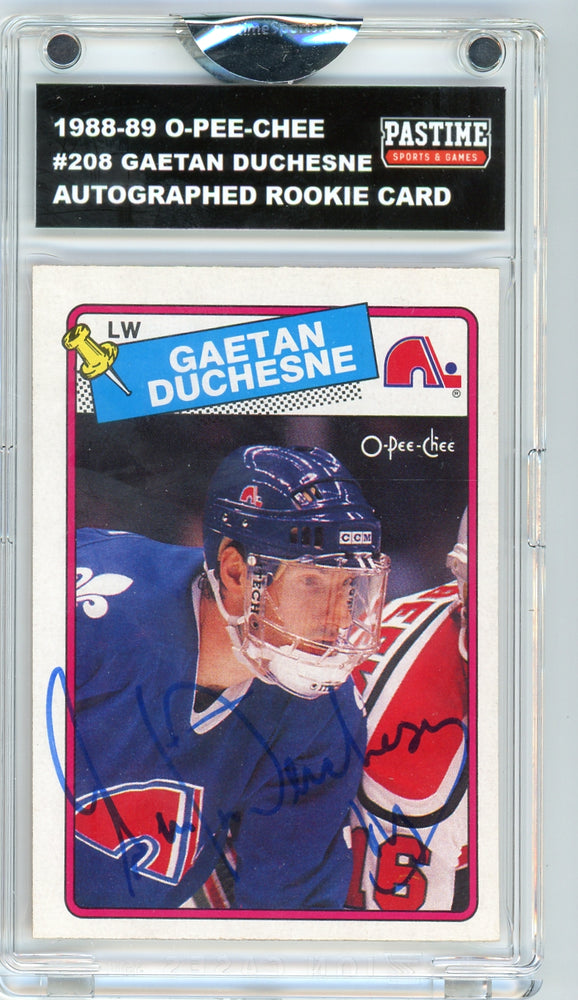 #208 Gaetan Duchesne 1988/89 O-Pee-Chee Hockey Autographed Card Encased in Magpro - Pastime Sports & Games
