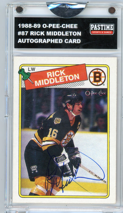 #87 Rick Middleton 1988/89 O-Pee-Chee Hockey Autographed Card Encased in Magpro - Pastime Sports & Games