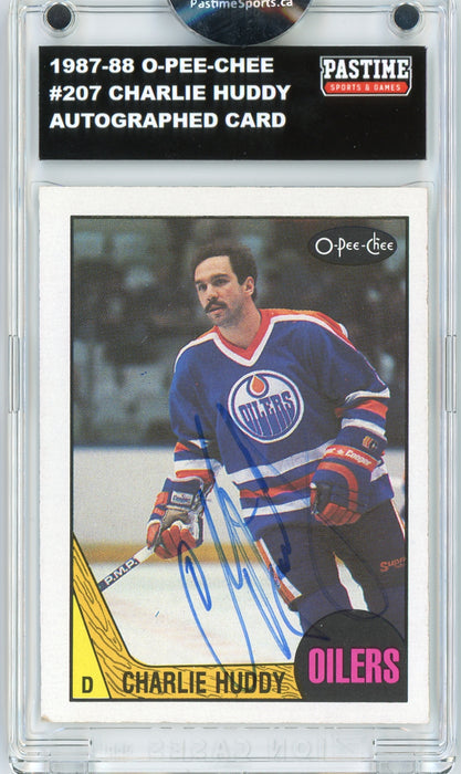 #207 Charlie Huddy 1987/88 O-Pee-Chee Hockey Autographed Card Encased in Magpro - Pastime Sports & Games