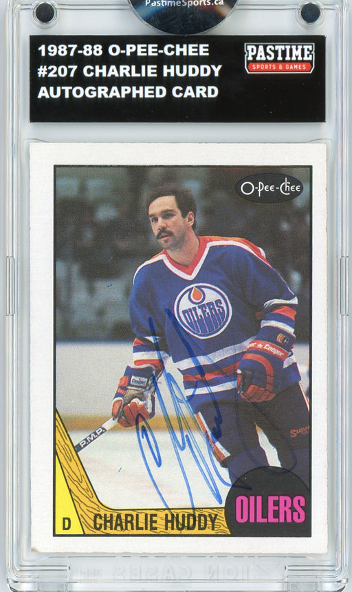 #207 Charlie Huddy 1987/88 O-Pee-Chee Hockey Autographed Card Encased in Magpro - Pastime Sports & Games