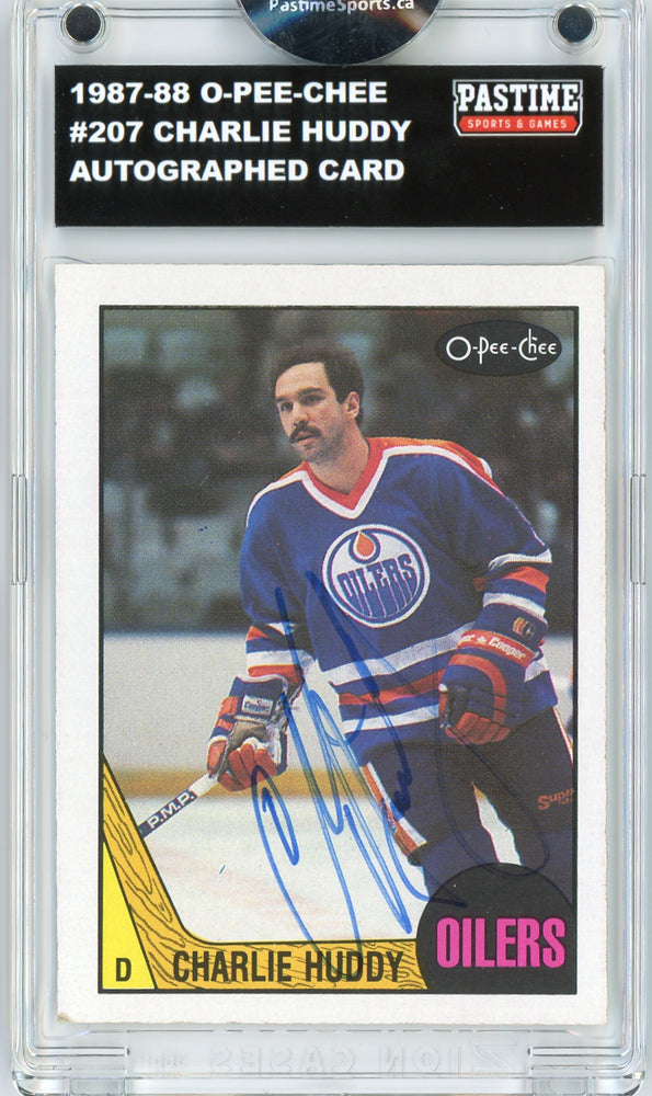 #207 Charlie Huddy 1987/88 O-Pee-Chee Hockey Autographed Card Encased in Magpro - Pastime Sports & Games