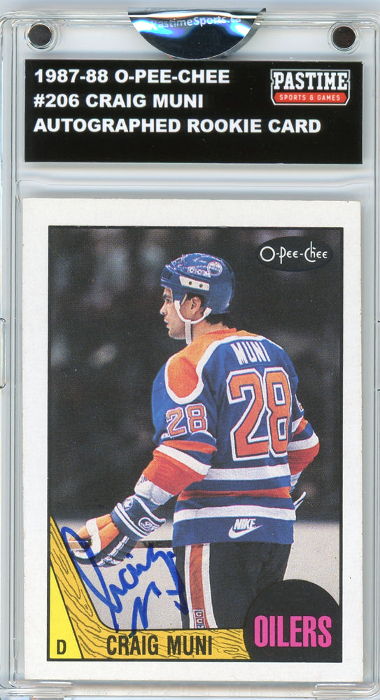 #206 Craig Muni 1987/88 O-Pee-Chee Hockey Autographed Card Encased in Magpro - Pastime Sports & Games