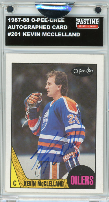 #201 Kevin McClelland 1987/88 O-Pee-Chee Hockey Autographed Card Encased in Magpro - Pastime Sports & Games