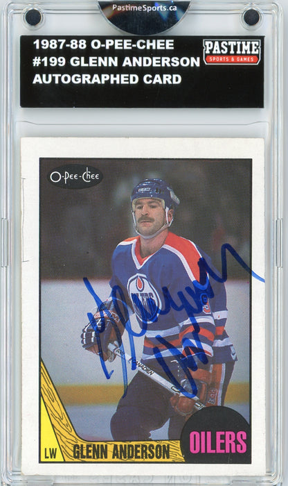 #199 Glenn Anderson 1987/88 O-Pee-Chee Hockey Autographed Card Encased in Magpro - Pastime Sports & Games