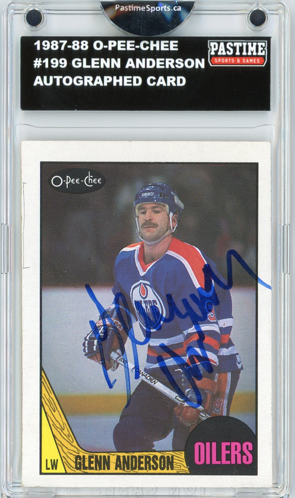 #199 Glenn Anderson 1987/88 O-Pee-Chee Hockey Autographed Card Encased in Magpro - Pastime Sports & Games