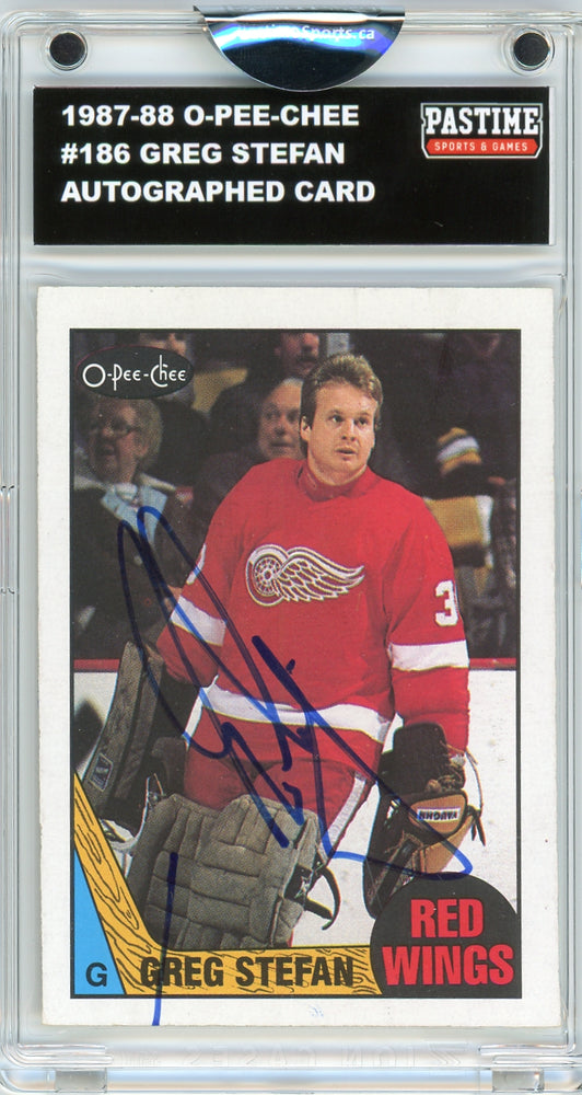 #186 Greg Stefan 1987/88 O-Pee-Chee Hockey Autographed Card Encased in Magpro - Pastime Sports & Games