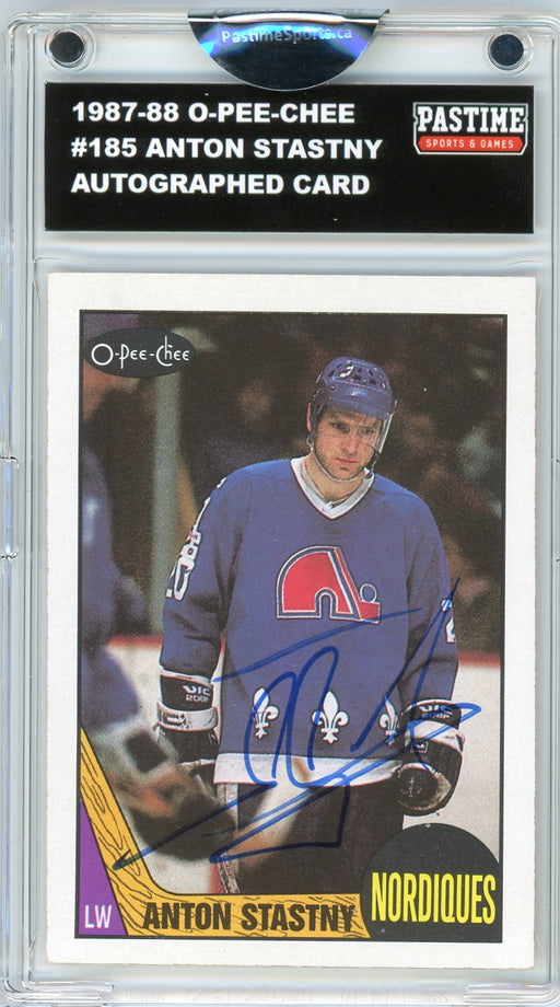 #185 Anton Stastny 1987/88 O-Pee-Chee Hockey Autographed Card Encased in Magpro - Pastime Sports & Games