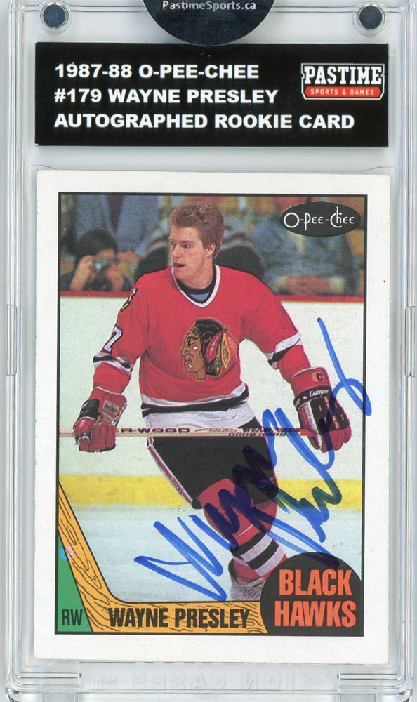 #179 Wayne Presley 1987/88 O-Pee-Chee Hockey Autographed Card Encased in Magpro - Pastime Sports & Games