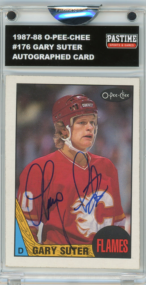 #176 Gary Suter 1987/88 O-Pee-Chee Hockey Autographed Card Encased in Magpro - Pastime Sports & Games