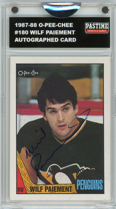 #180 Wilf Paiement 1987/88 O-Pee-Chee Hockey Autographed Card Encased in Magpro - Pastime Sports & Games