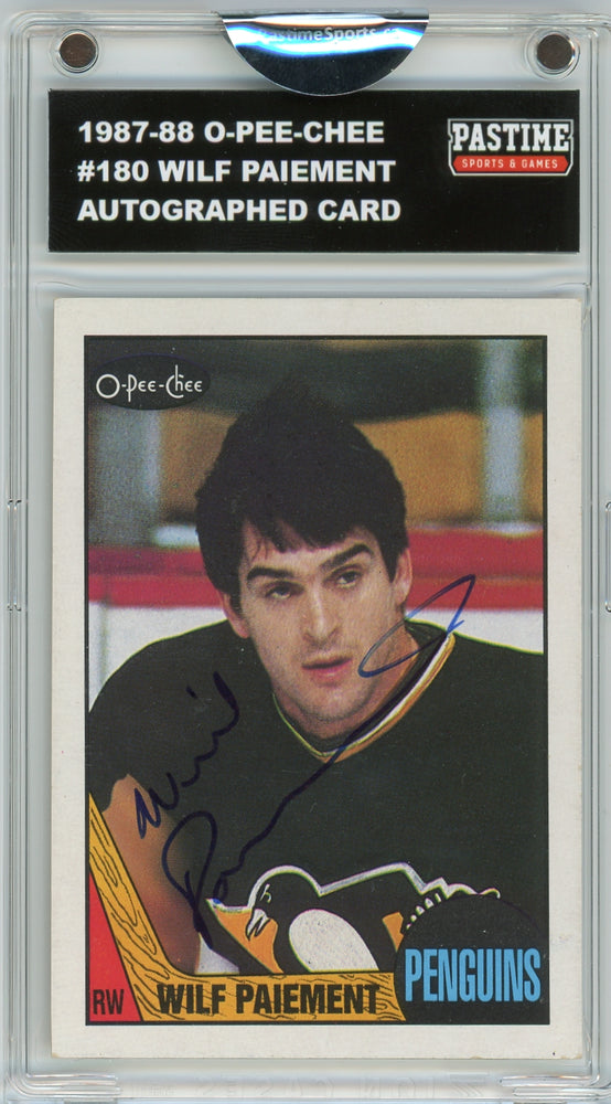 #180 Wilf Paiement 1987/88 O-Pee-Chee Hockey Autographed Card Encased in Magpro - Pastime Sports & Games