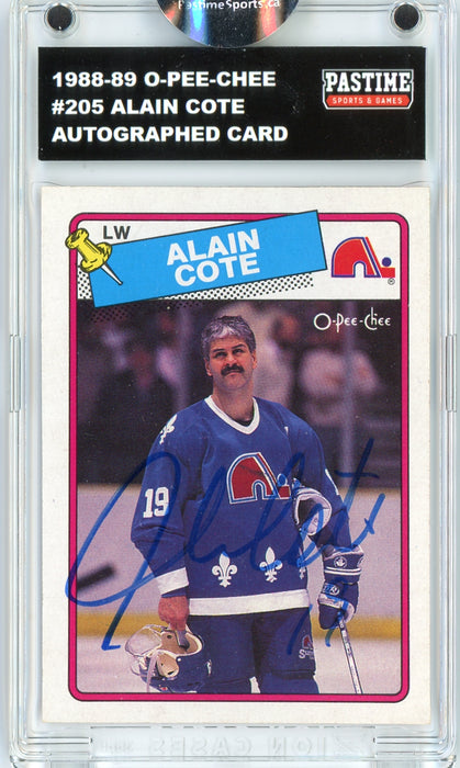 #205 Alain Cote 1988/89 O-Pee-Chee Hockey Autographed Card Encased in Magpro - Pastime Sports & Games