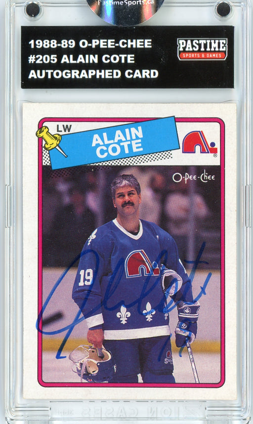 #205 Alain Cote 1988/89 O-Pee-Chee Hockey Autographed Card Encased in Magpro - Pastime Sports & Games
