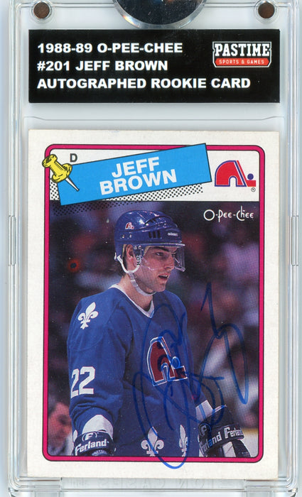 #201 Jeff Brown 1988/89 O-Pee-Chee Hockey Autographed Card Encased in Magpro - Pastime Sports & Games