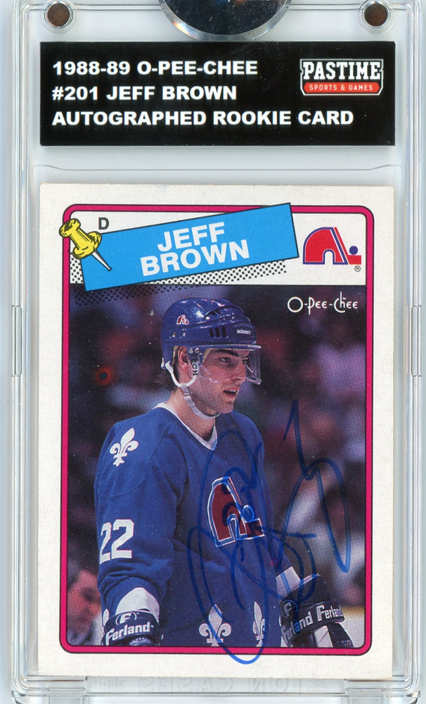 #201 Jeff Brown 1988/89 O-Pee-Chee Hockey Autographed Card Encased in Magpro - Pastime Sports & Games