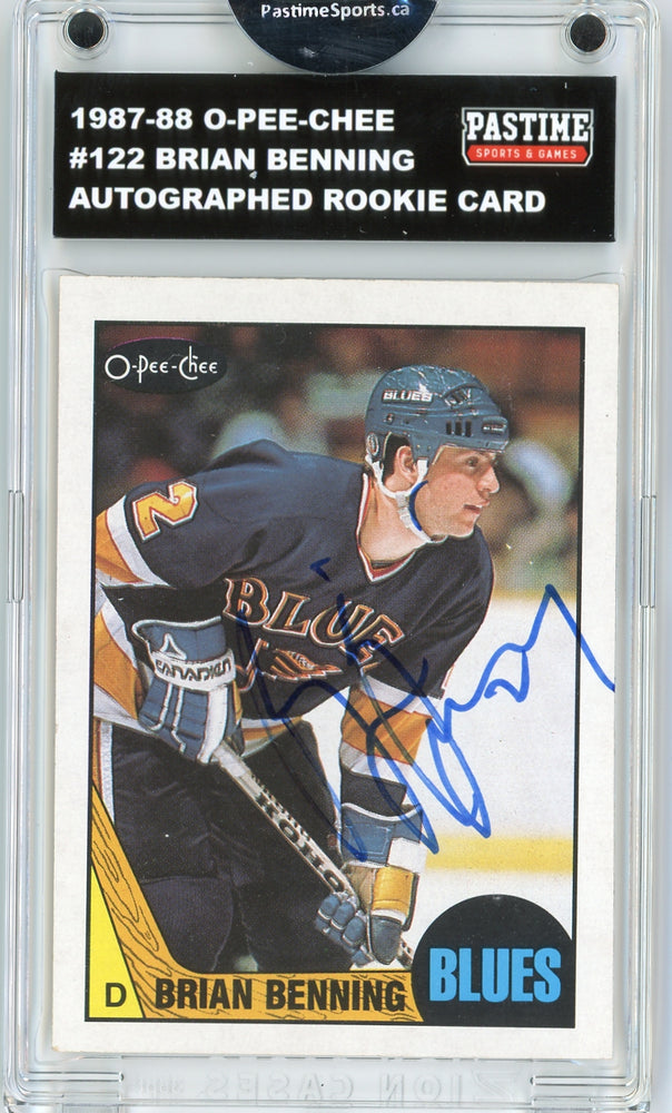 #122 Brian Benning 1987/88 O-Pee-Chee Hockey Autographed Card Encased in Magpro - Pastime Sports & Games