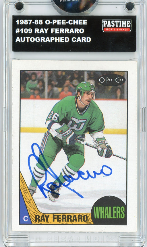 #109 Ray Ferraro 1987/88 O-Pee-Chee Hockey Autographed Card Encased in Magpro - Pastime Sports & Games