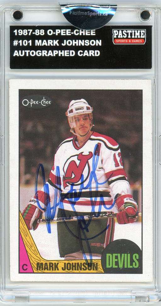 #101 Mark Johnson 1987/88 O-Pee-Chee Hockey Autographed Card Encased in Magpro - Pastime Sports & Games