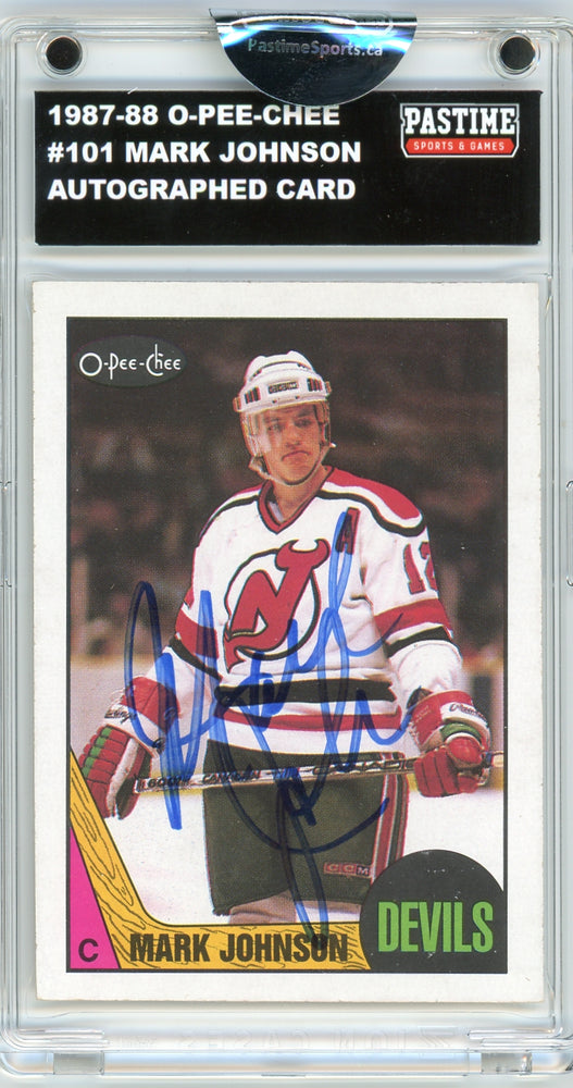 #101 Mark Johnson 1987/88 O-Pee-Chee Hockey Autographed Card Encased in Magpro - Pastime Sports & Games