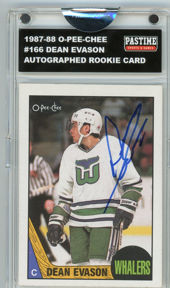 #166 Dean Evason 1987/88 O-Pee-Chee Hockey Autographed Card Encased in Magpro - Pastime Sports & Games