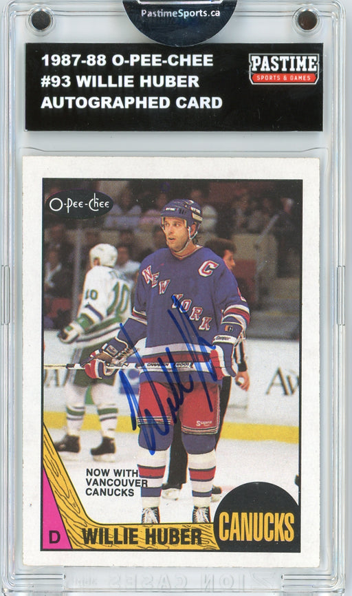 #93 Willie Huber 1987/88 O-Pee-Chee Hockey Autographed Card Encased in Magpro - Pastime Sports & Games
