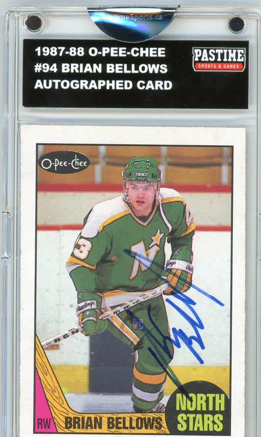 #94 Brian Bellows 1987/88 O-Pee-Chee Hockey Autographed Card Encased in Magpro - Pastime Sports & Games