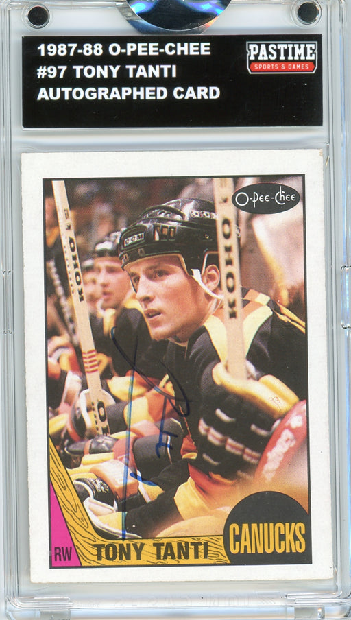 #97 Tony Tanti 1987/88 O-Pee-Chee Hockey Autographed Card Encased in Magpro - Pastime Sports & Games