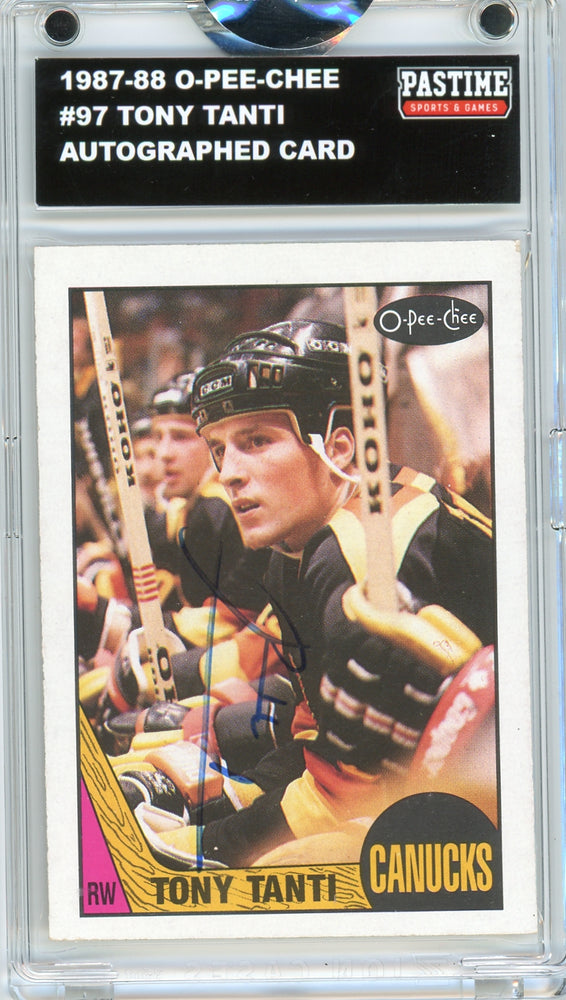 #97 Tony Tanti 1987/88 O-Pee-Chee Hockey Autographed Card Encased in Magpro - Pastime Sports & Games