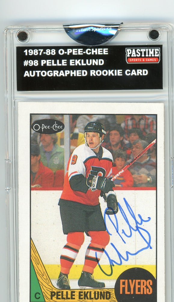 #98 Pelle Eklund 1987/88 O-Pee-Chee Hockey Autographed Card Encased in Magpro - Pastime Sports & Games