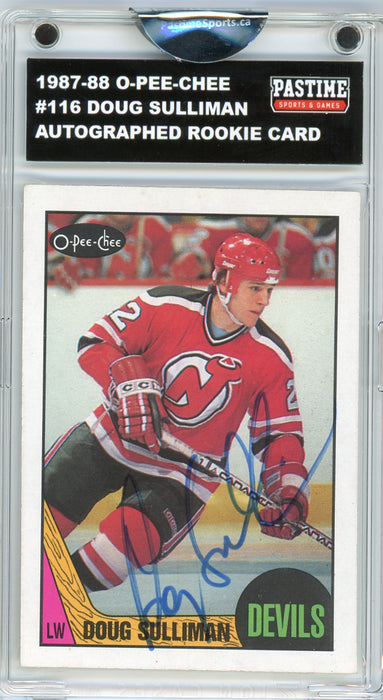 #116 Doug Sulliman 1987/88 O-Pee-Chee Hockey Autographed Card Encased in Magpro - Pastime Sports & Games
