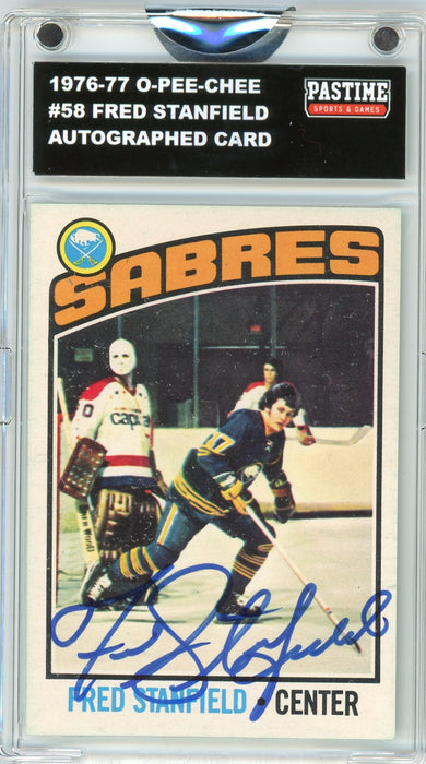 Fred Stanfield #58 1976/77 O-Pee-Chee Hockey Autographed Card Encased in Magpro - Pastime Sports & Games