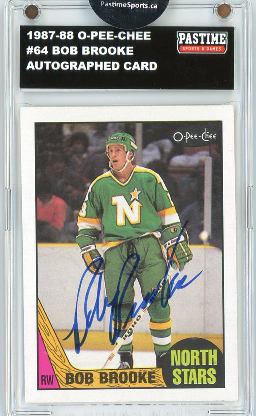 #64 Bob Brooke 1987/88 O-Pee-Chee Hockey Autographed Card Encased in Magpro - Pastime Sports & Games