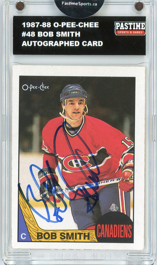 #48 Bob Smith 1987/88 O-Pee-Chee Hockey Autographed Card Encased in Magpro - Pastime Sports & Games