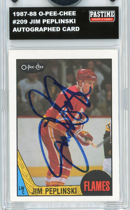 #209 Jim Peplinski 1987/88 O-Pee-Chee Hockey Autographed Card Encased in Magpro - Pastime Sports & Games
