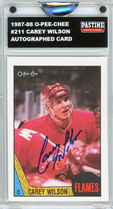 #211 Carey Wilson 1987/88 O-Pee-Chee Hockey Autographed Card Encased in Magpro - Pastime Sports & Games