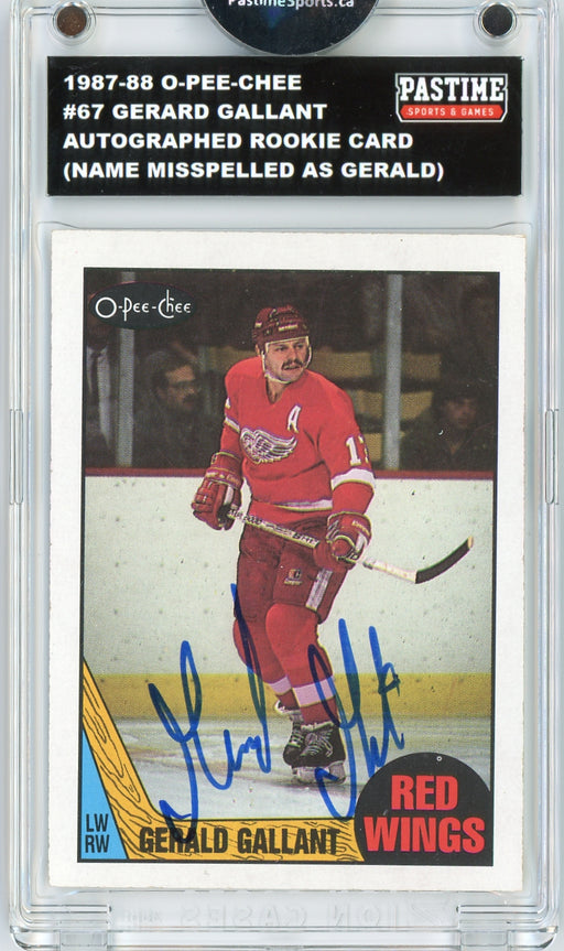 #67 Gerard Gallant 1987/88 O-Pee-Chee Hockey Autographed Rookie Card Encased in Magpro (Name Misspelled as Gerald) - Pastime Sports & Games