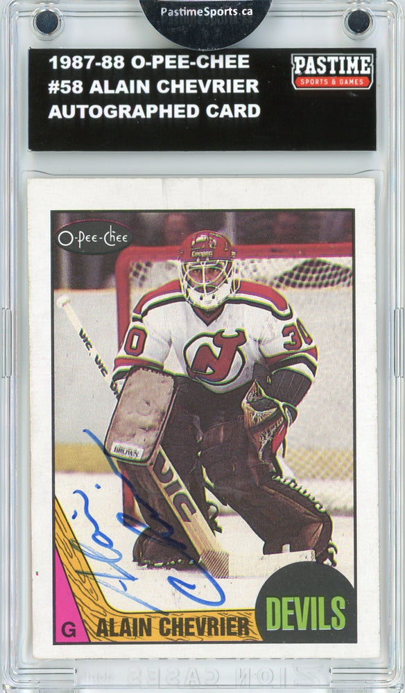#58 Alain Chevrier 1987/88 O-Pee-Chee Hockey Autographed Card Encased in Magpro - Pastime Sports & Games