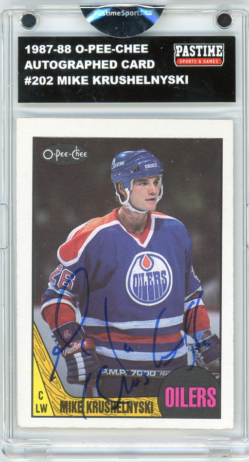 Mike Krushelnyski 1987/88 O-Pee-Chee #202 Hockey Autographed Card Encased in Magpro