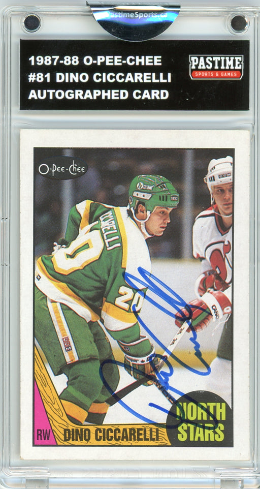 #81 Dino Ciccarelli 1987/88 O-Pee-Chee Hockey Autographed Card Encased in Magpro - Pastime Sports & Games